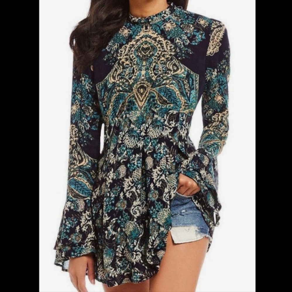 Free People Lady Luck Printed Long Bell Sleeve Tunic in Blue Combo S